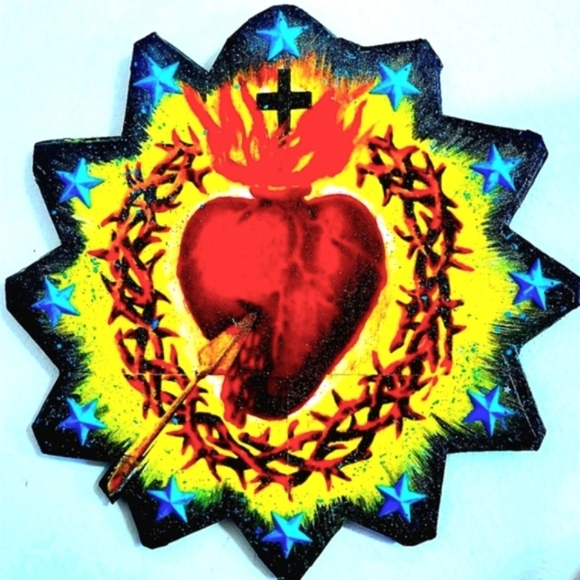 Hand Crafted Other - Sacred Heart Mixed Media Decor Handmade Wall Art Vivid Bright Spiritual  Decor